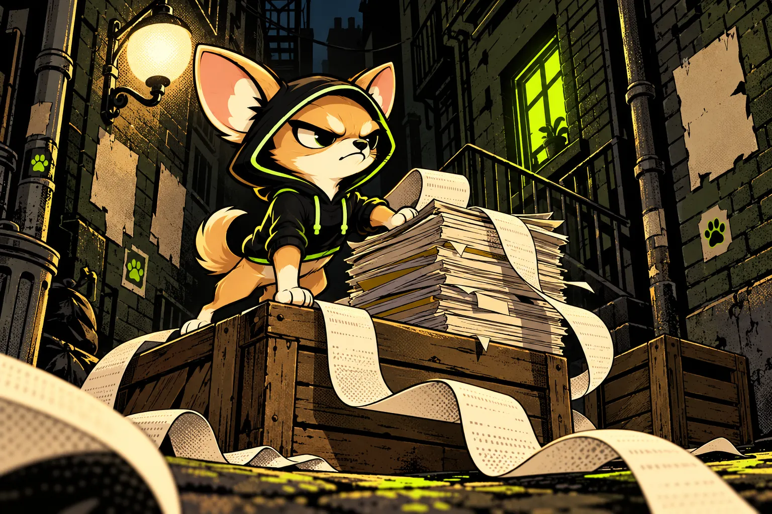 Chihua stands on a crate in a dark alley surrounded by long unrolled receipts.