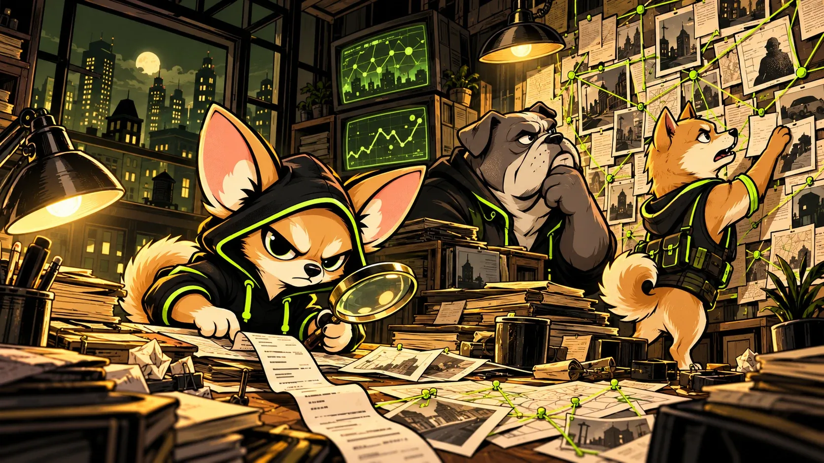 Chihua examines a paper trail with a magnifying glass while a bulldog and a Shiba study an evidence wall.