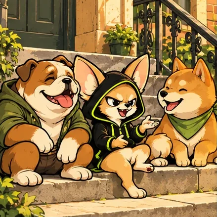 Chihua laughs on the front steps with a bulldog and a Shiba.