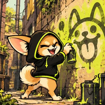 Chihua spray-paints a grinning dog face on an alley wall in acid lime.
