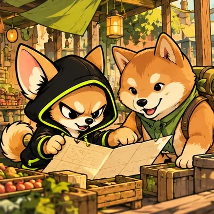 Chihua and a Shiba study a hand-drawn map at a market stall.
