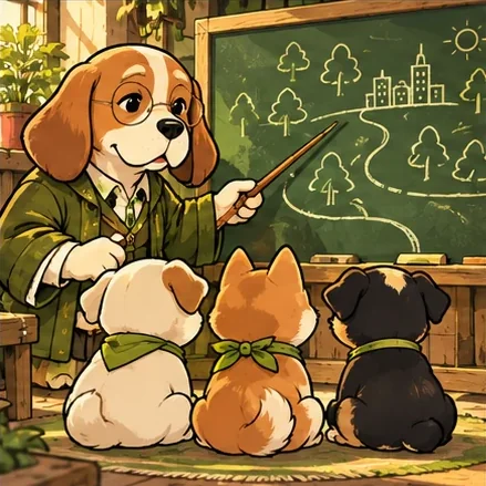 A beagle teacher points at a chalkboard for three puppies.